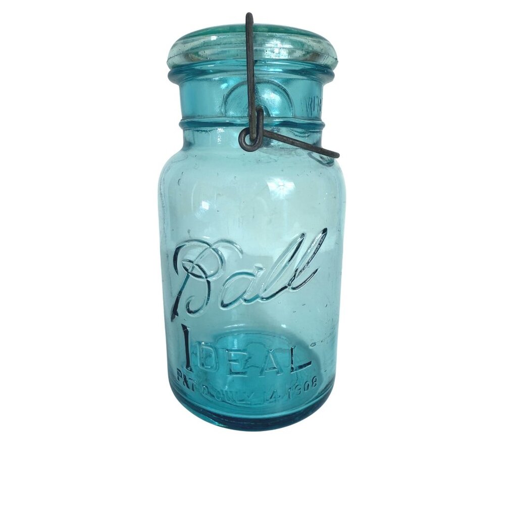 Ball Ideal Aqua Blue Mason Jar VTG Glass Lid Wire Bail Closure Number 7 Rustic